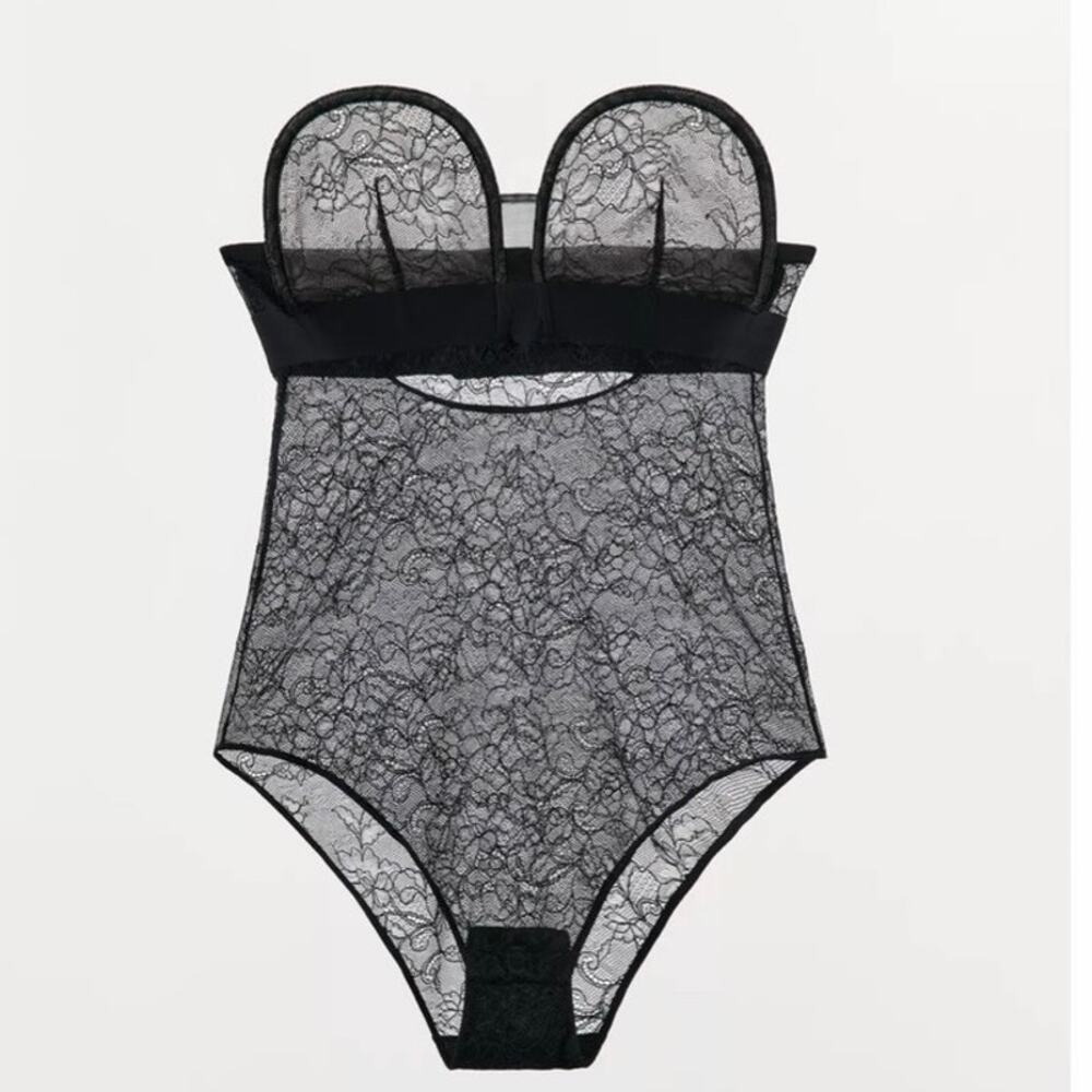 Zara 1500/904 Black & Beige Lace Bodysuit Intimates Lingerie Top M NWT